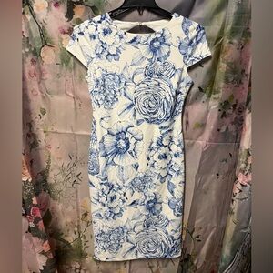 Floral Sheath Midi Dress in White and Blue